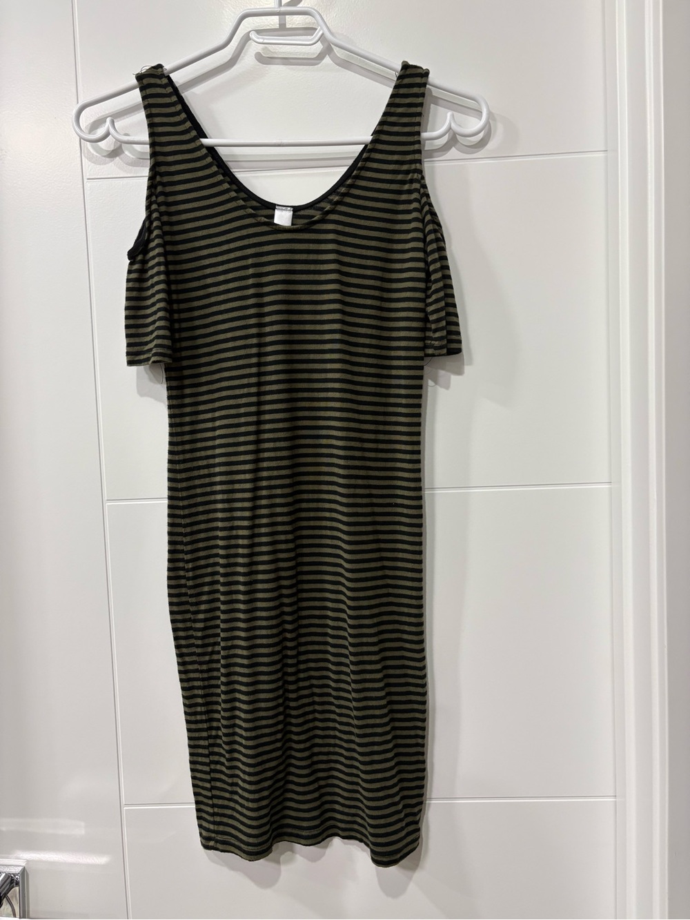 mahina Olive and Black Striped Cold-Shoulder Midi Dress